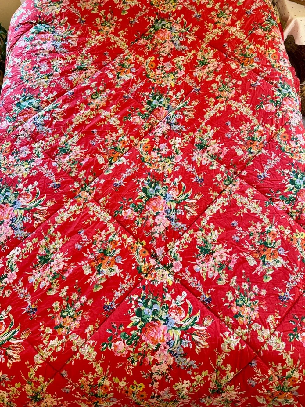Vintage 90s Ralph Lauren Belle Harbor Queen Comforter.Red with Pink+Blue Floral